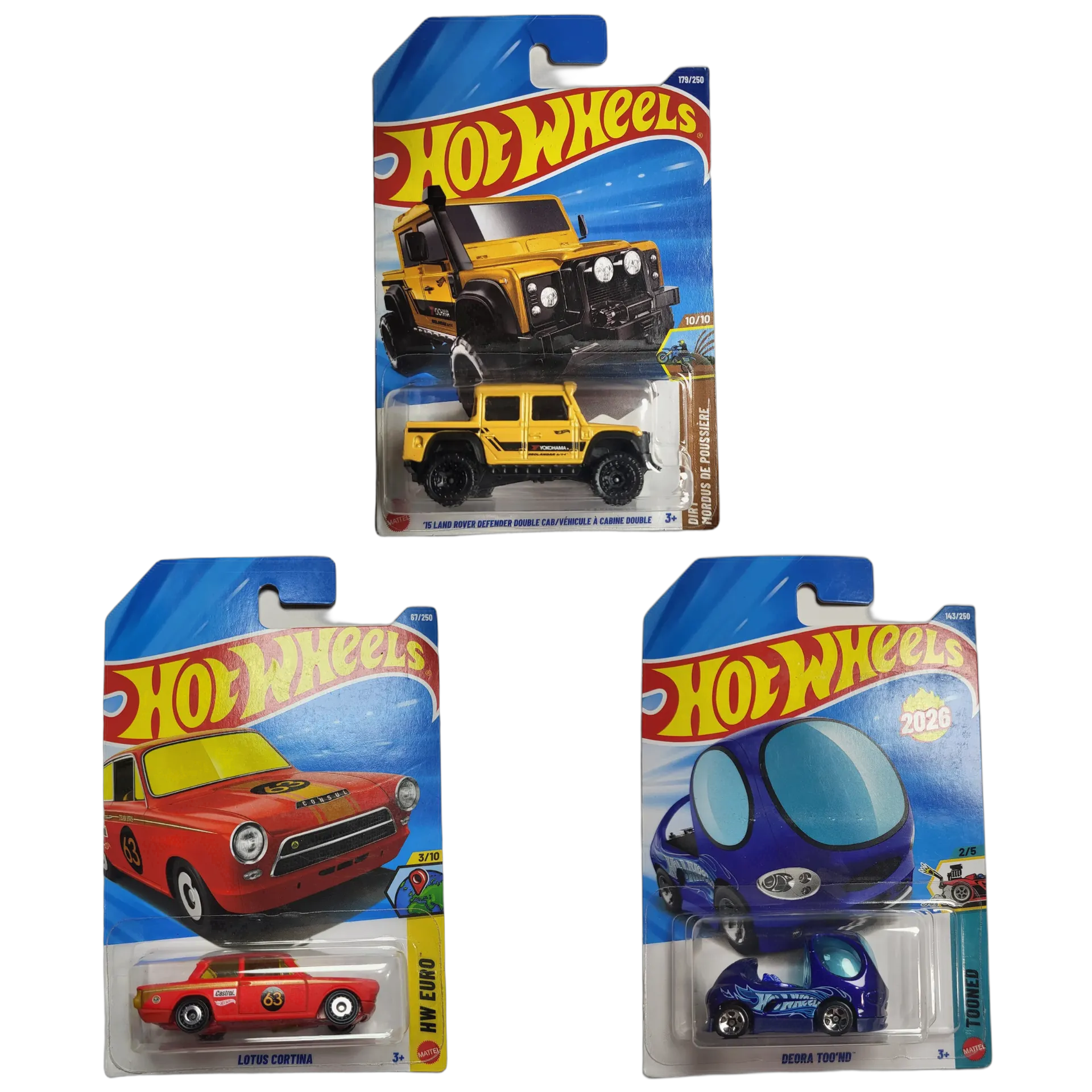 Hot Wheels 15 Land Rover Defender Double Cab & Lotus Cortina & Deora Toond - 1:64 Scale Diecast Car