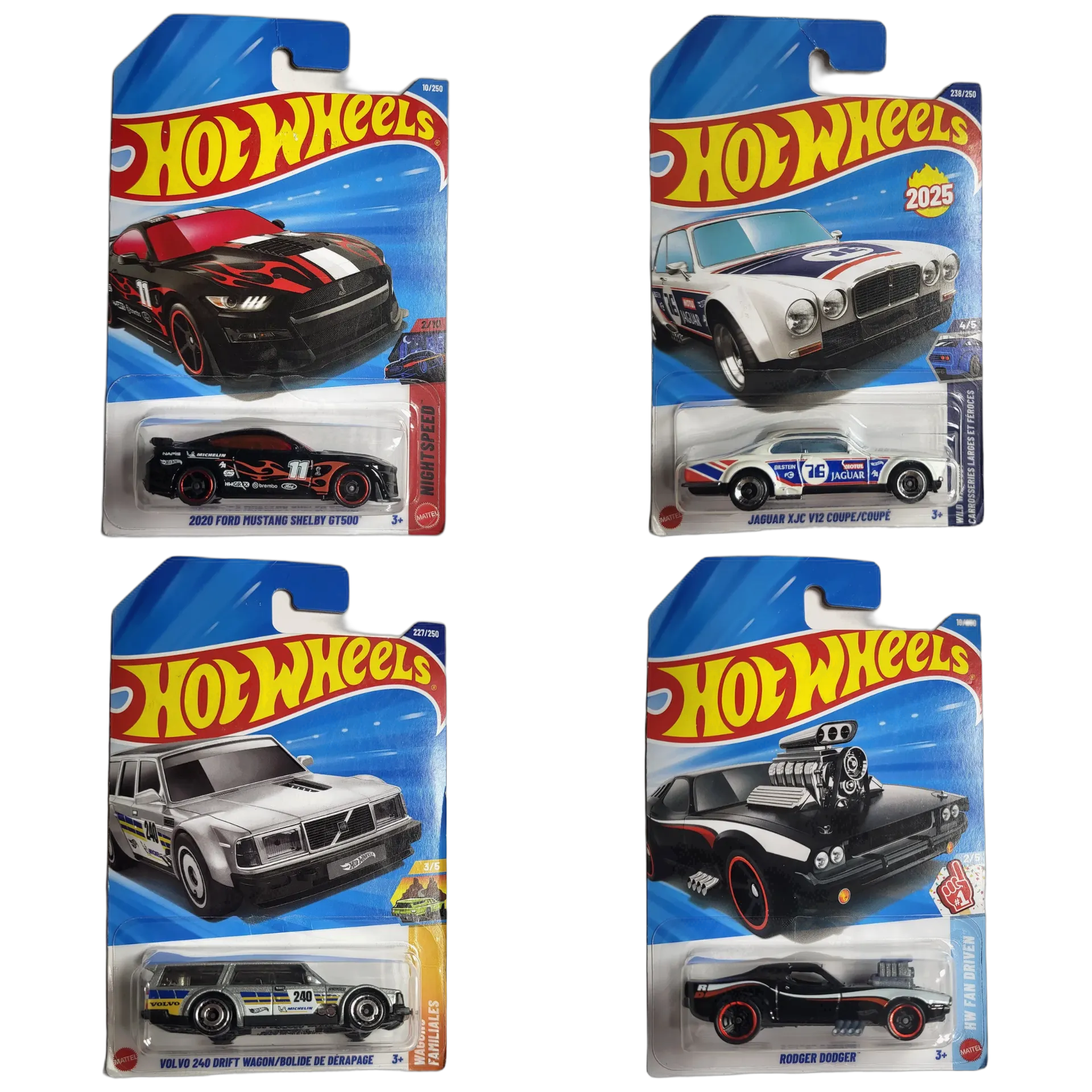Hot Wheels 2020 Ford Mustang Shelby GT500 & Jaguar XJC V12 Coupe & Volvo 240 Drift Wagon & Rodger Dodger