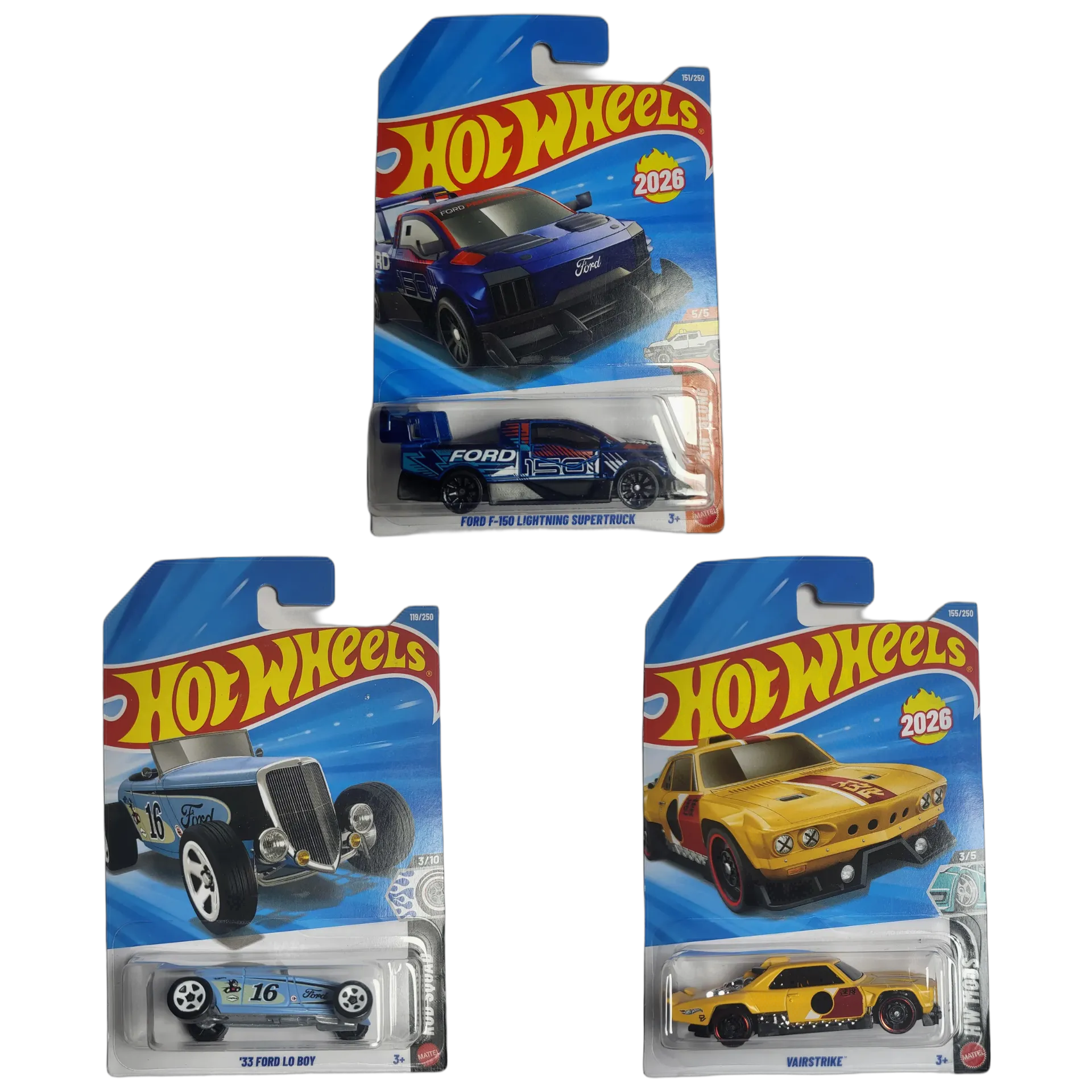 Hot Wheels Ford F-150 Lightning Supertruck & 33 Ford Lo Boy & Vairstrike