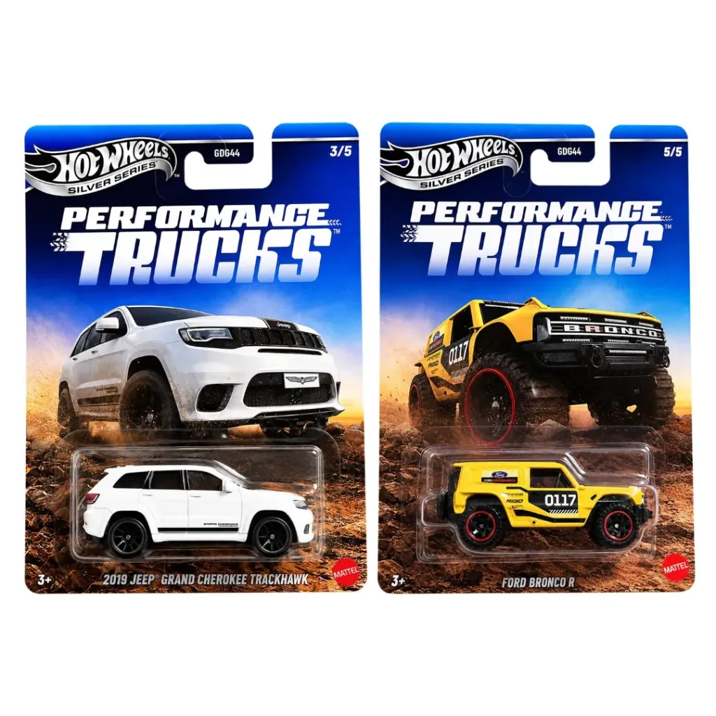 Hot Wheels Ford Bronco R & 2019 Jeep Grand Cherokee Trackhawk - Silver Series Performance Trucks