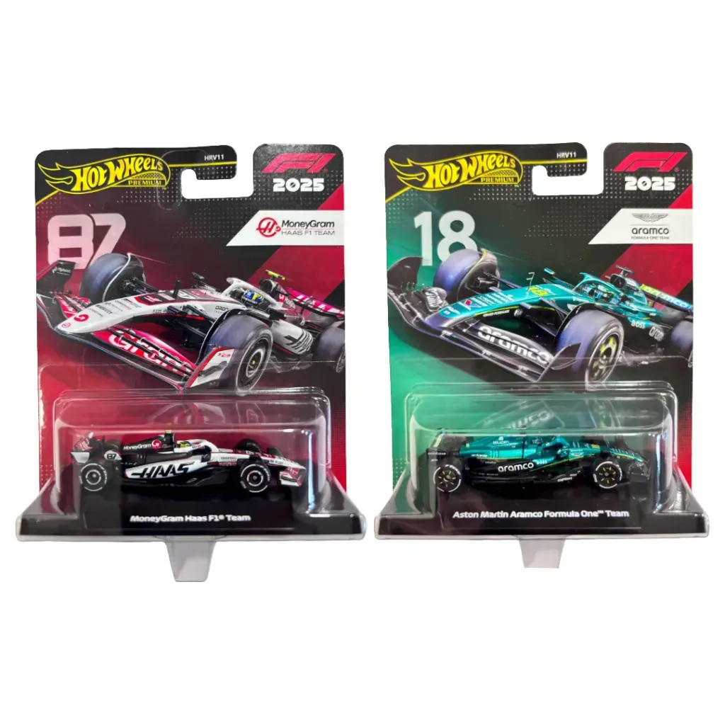 Hot Wheels Premium 1:64 F1 2025 MoneyGram Haas F1 Team #87 Oliver Bearman & Aston Martin Aramco #18 Lance Stroll Diecast Car Combo