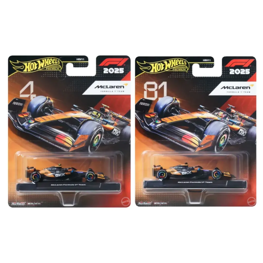 Hot Wheels Premium 1:64 F1 2025 McLaren Formula 1 Team #4 Lando Norris & McLaren Formula 1 Team #81 Oscar Piastri Diecast Car Combo