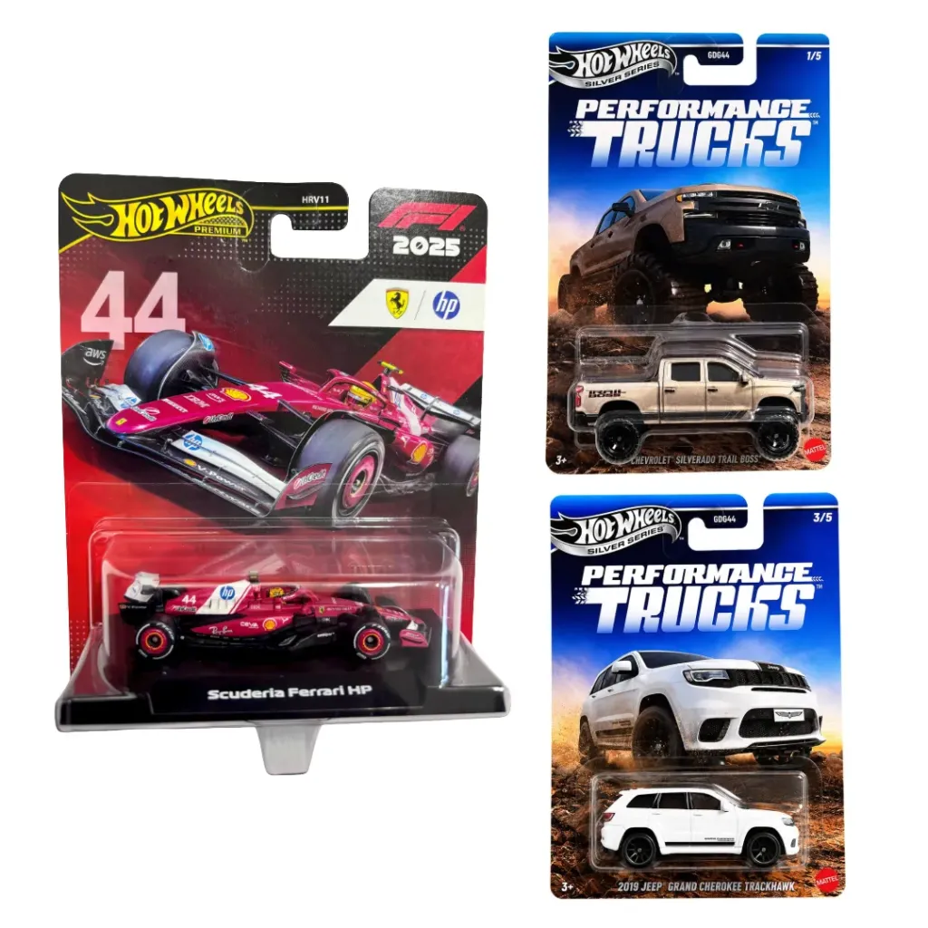Hot Wheels Premium 1:64 F1 2025 Scuderia Ferrari HP #44 Lewis Hamilton & Chevrolet Silverado + Jeep Grand Cherokee Performance Trucks Diecast Car Combo