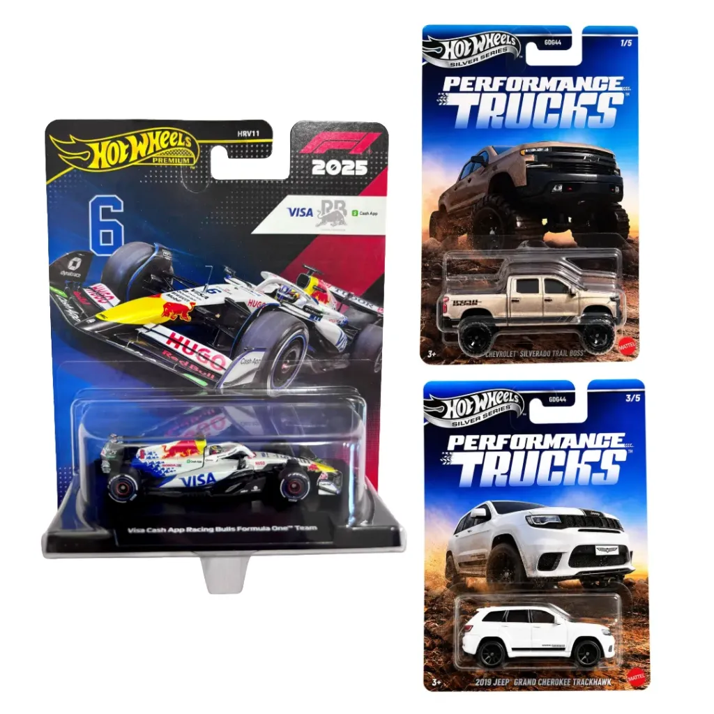 Hot Wheels Premium 1:64 F1 2025 Visa Cash App RB #6 Isack Hadjar & Chevrolet Silverado + Jeep Grand Cherokee Performance Trucks Diecast Car Combo