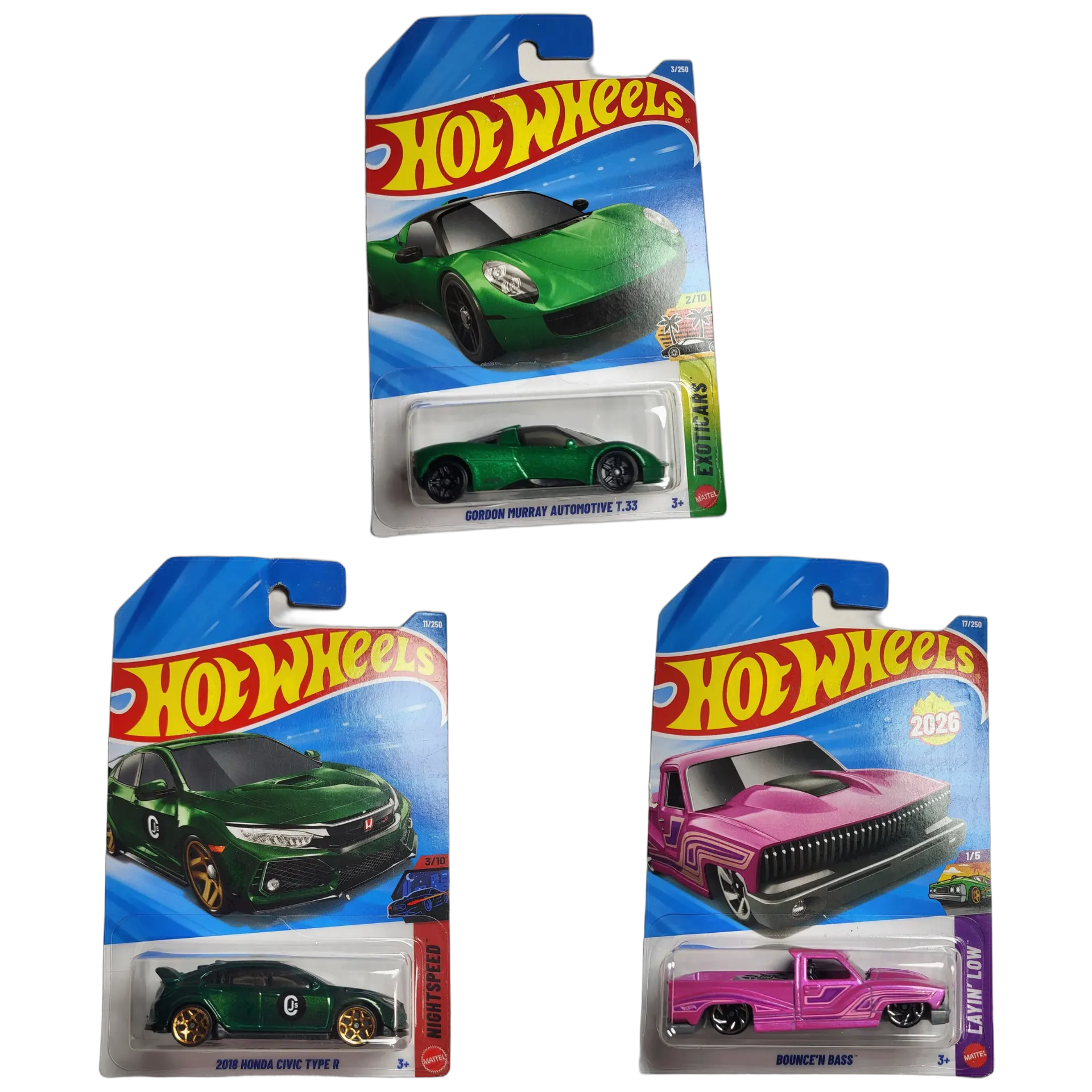 Hot Wheels Gordon Murray Automotive T.33 & 2018 Honda Civic Type R & Bounce'N Bass - 1:64 Scale Diecast Car