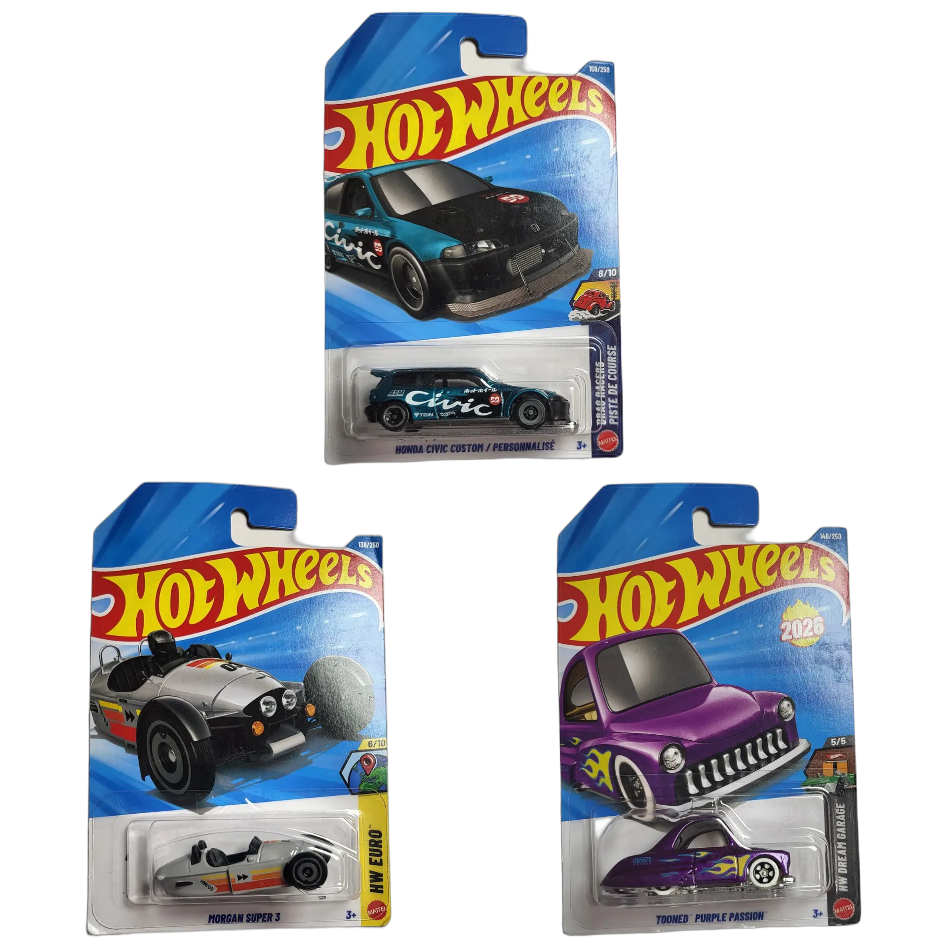 Hot Wheels Honda Civic Custom & Morgan Super 3 & Tooned Purple Passion