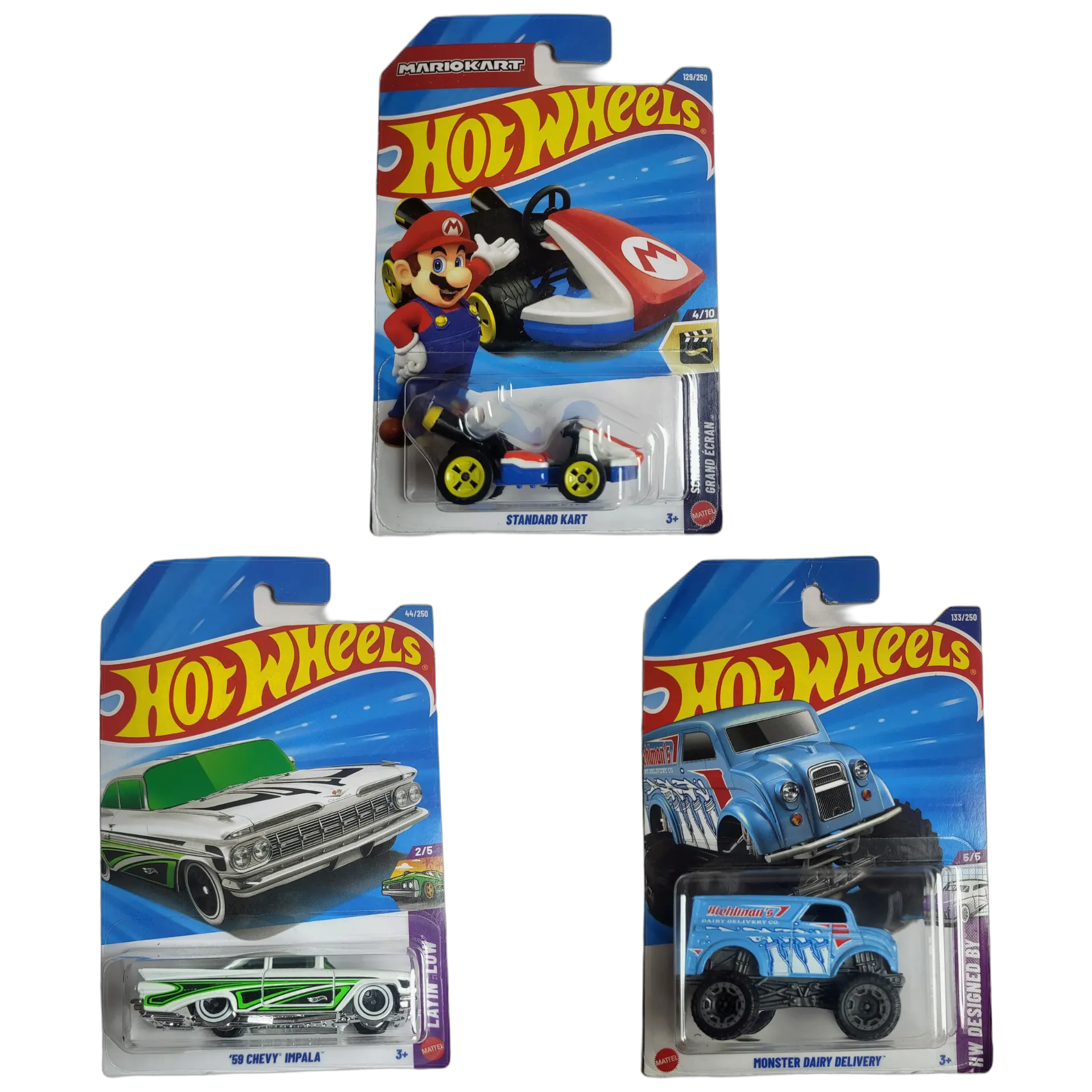 Hot Wheels Mario Standard Kart & 59 Chevy Impala & Monster Dairy Delivery - 1:64 Scale Diecast Car