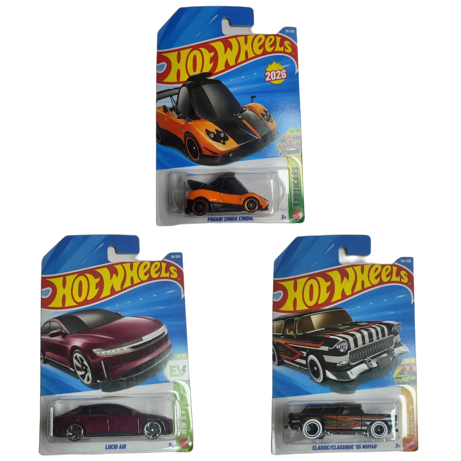Hot Wheels Pagani Zonda Cinque & Lucid Air & Classic 55 Nomad