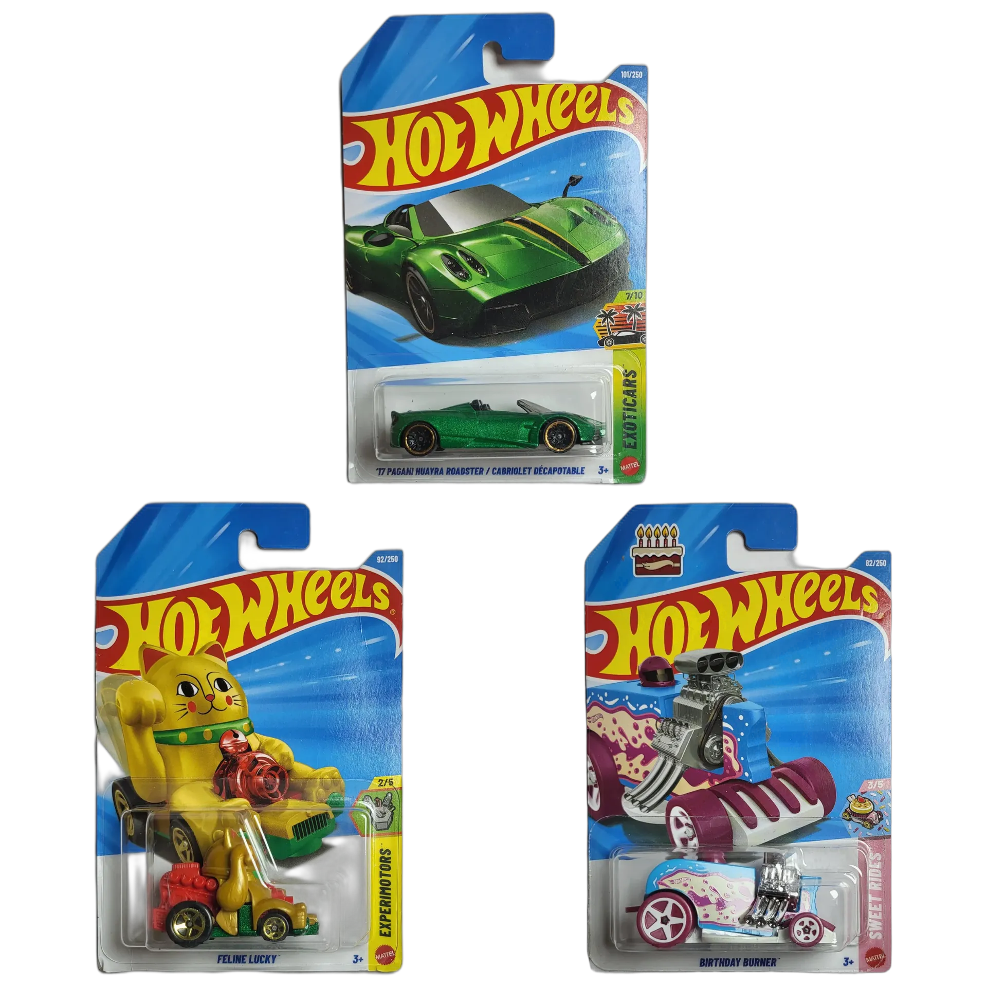 17 Pagani Huayra Roadster & Feline Lucky & Birthday Burner - Hot Wheels 1:64 Scale Diecast Car Combo