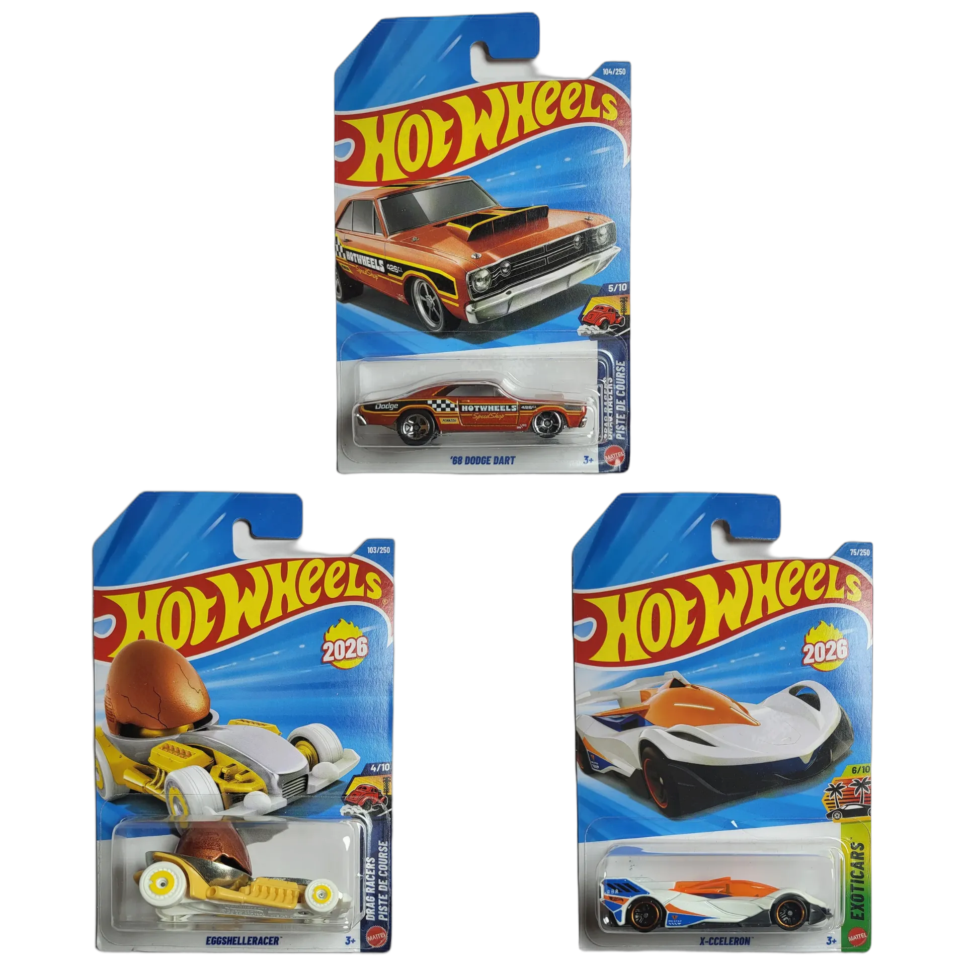 68 Dodge Dart & Eggshelleracer & X-CCELERON - Hot Wheels 1:64 Scale Diecast Car Combo