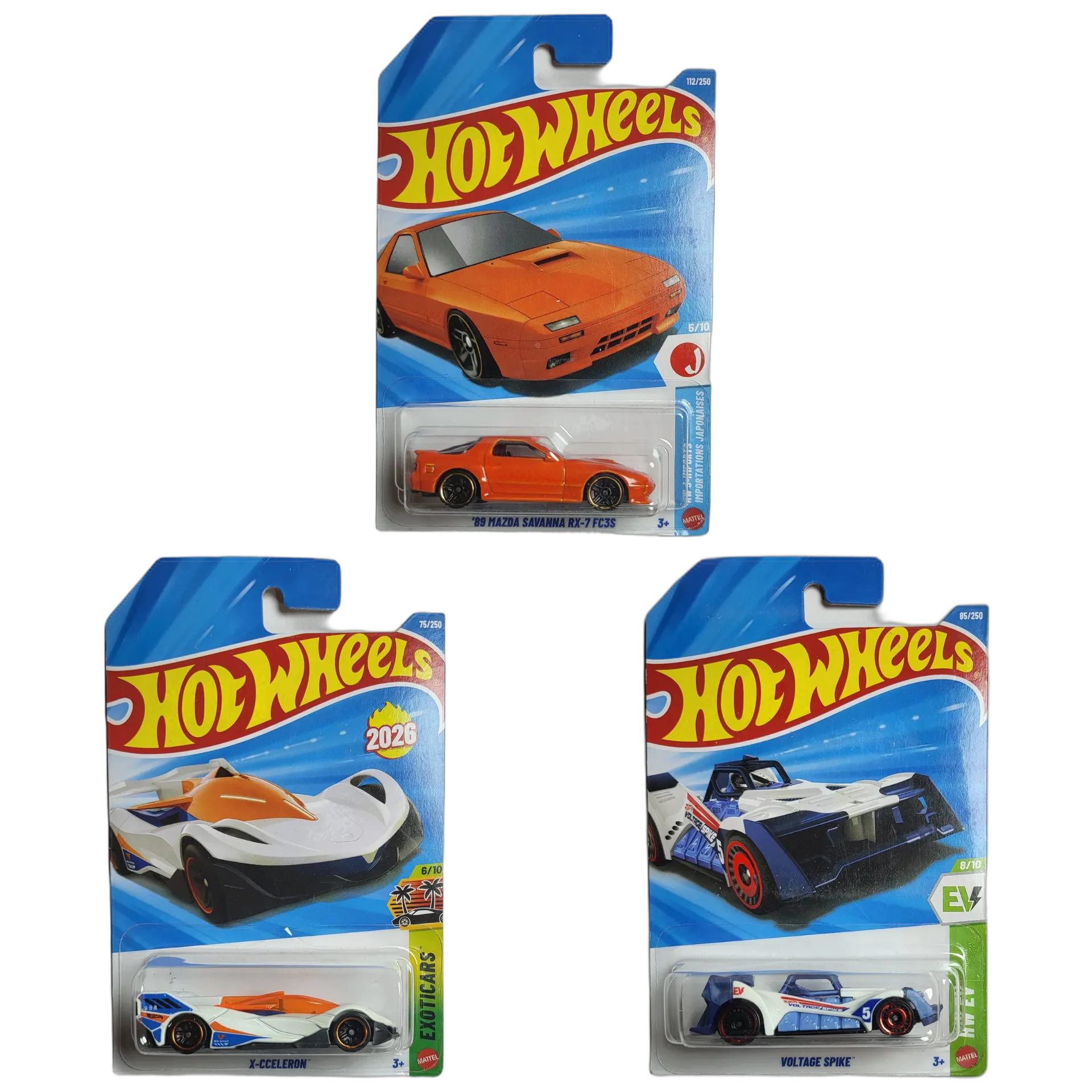 89 Mazda Savanna RX-7 FC3S & X-CCELERON & Voltage Spike - Hot Wheels 1:64 Scale Diecast Car Combo