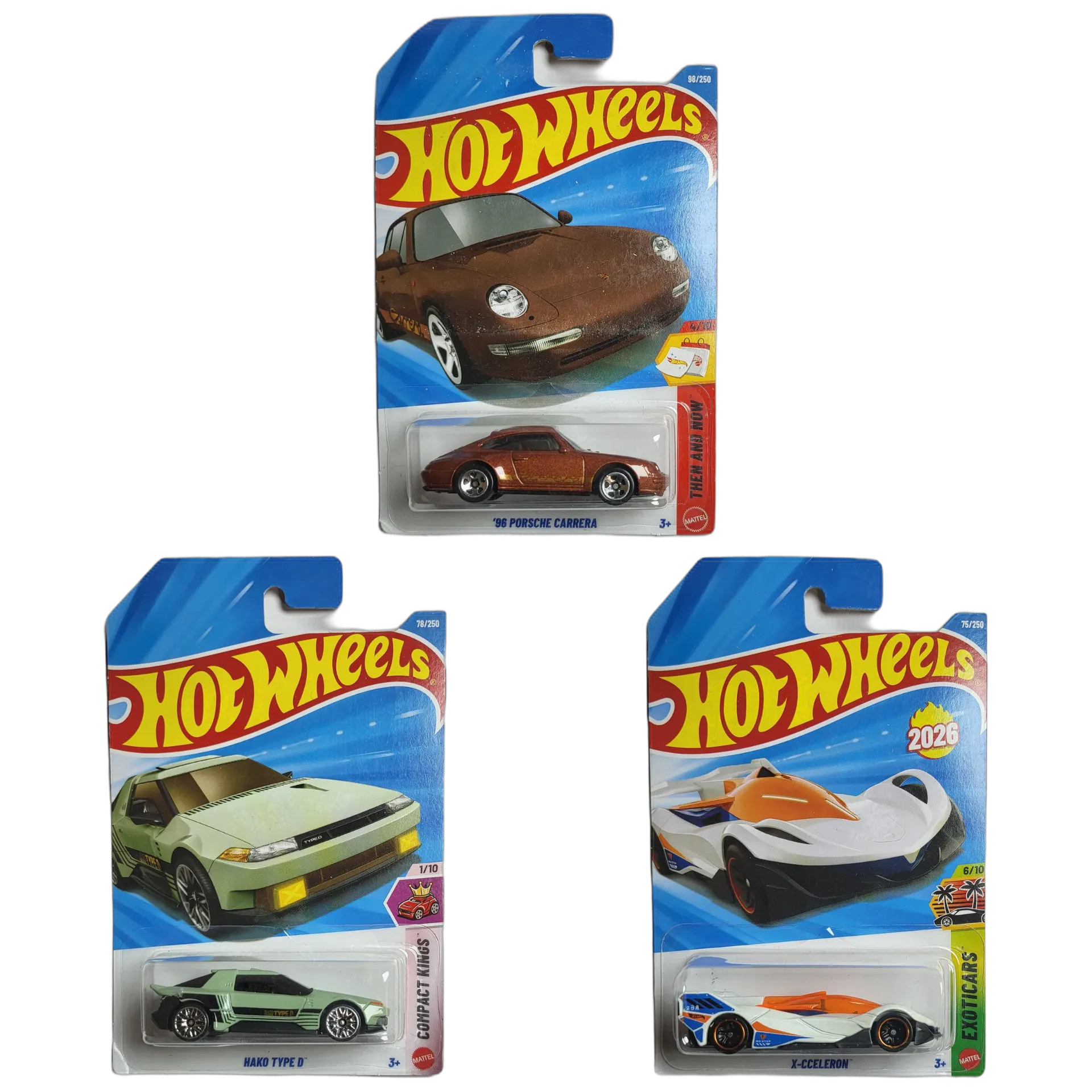 96 Porsche Carrera & Hako Type D & X-CCELERON - Hot Wheels 1:64 Scale Diecast Car Combo
