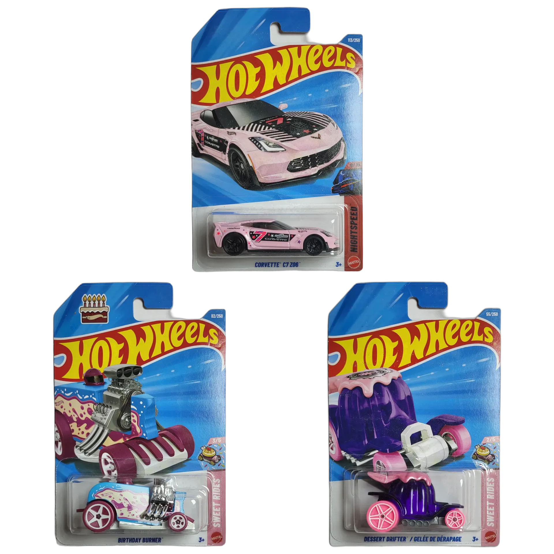 Corvette C7 Z06 & Birthday Burner & Dessert Drifter - Hot Wheels 1:64 Scale Diecast Car Combo