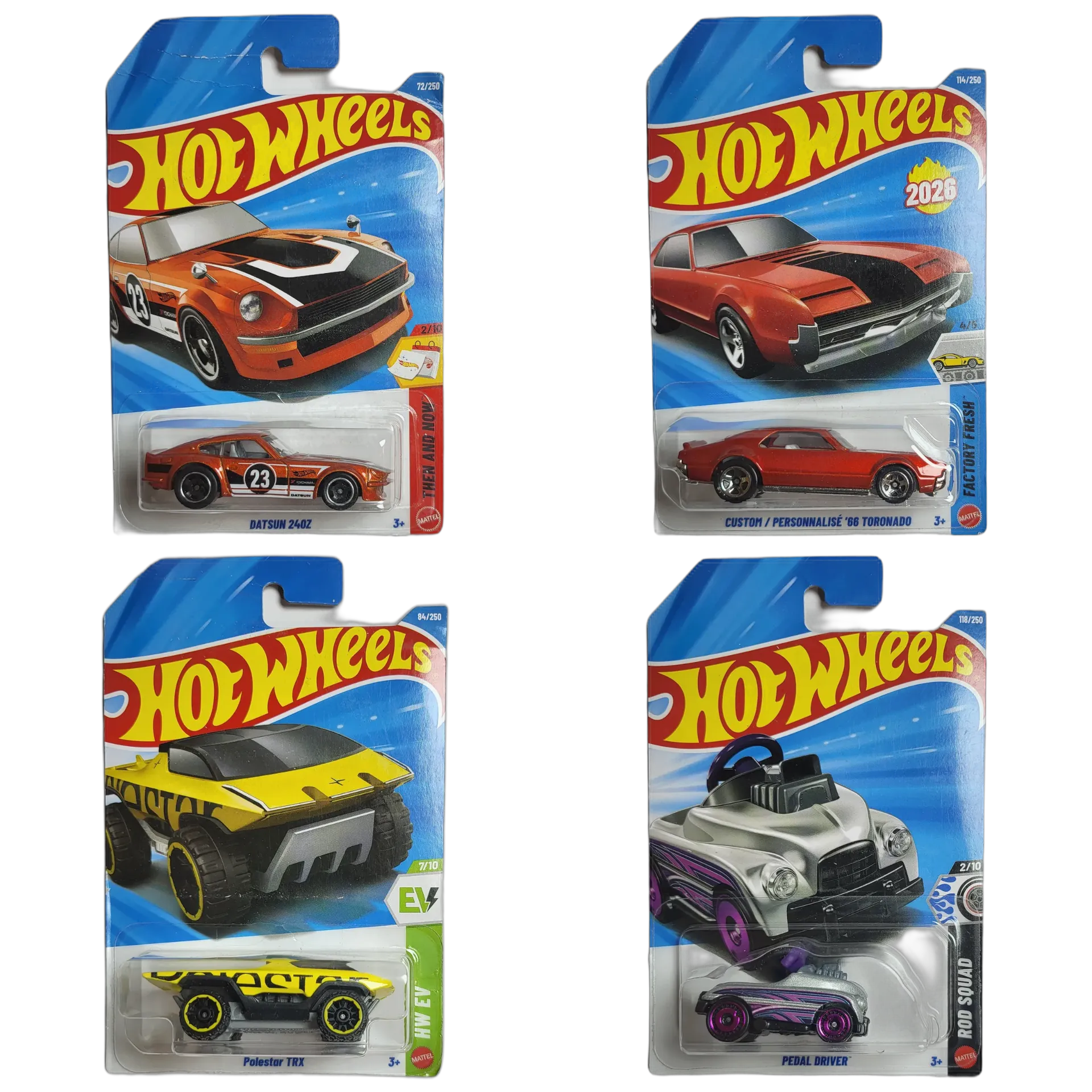 Datsun 240Z & Custom 66 Toronado & Polestar TRX & Pedal Driver - Hot Wheels 1:64 Scale Diecast Car Combo