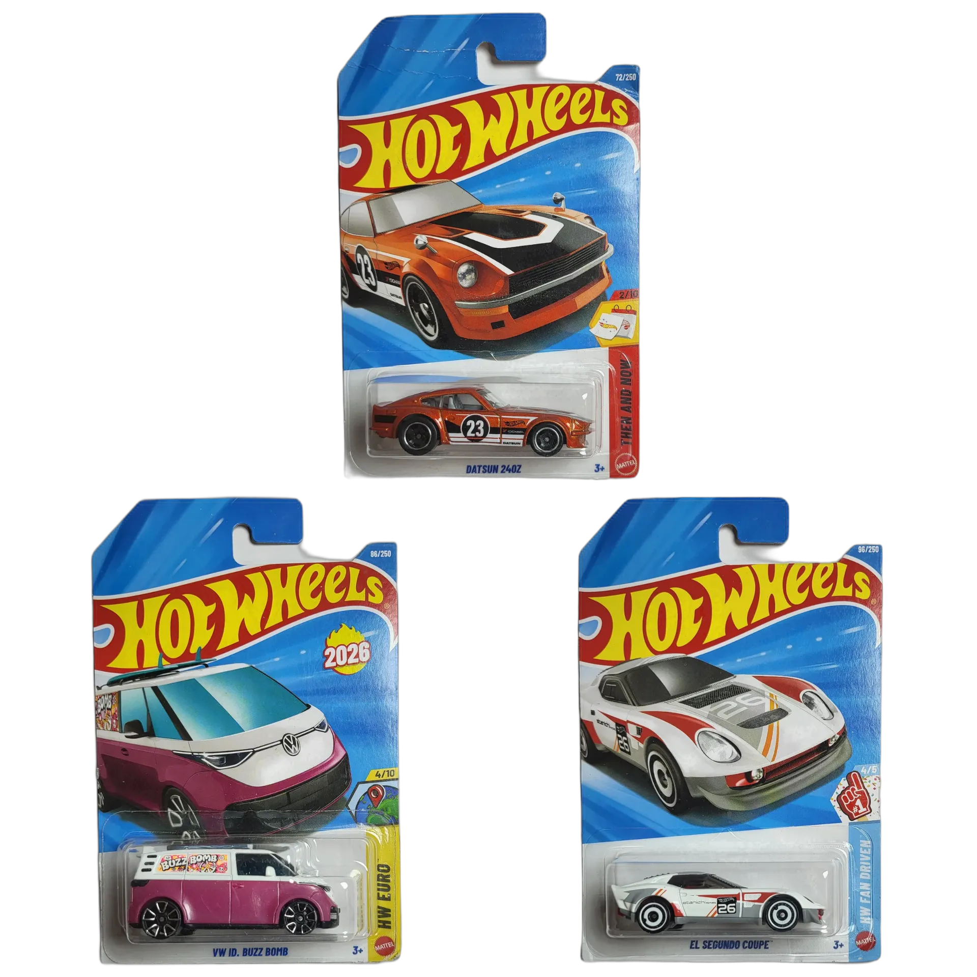 Datsun 240Z & VW ID Buzz Bomb & El Segundo Coupe - Hot Wheels 1:64 Scale Diecast Car Combo