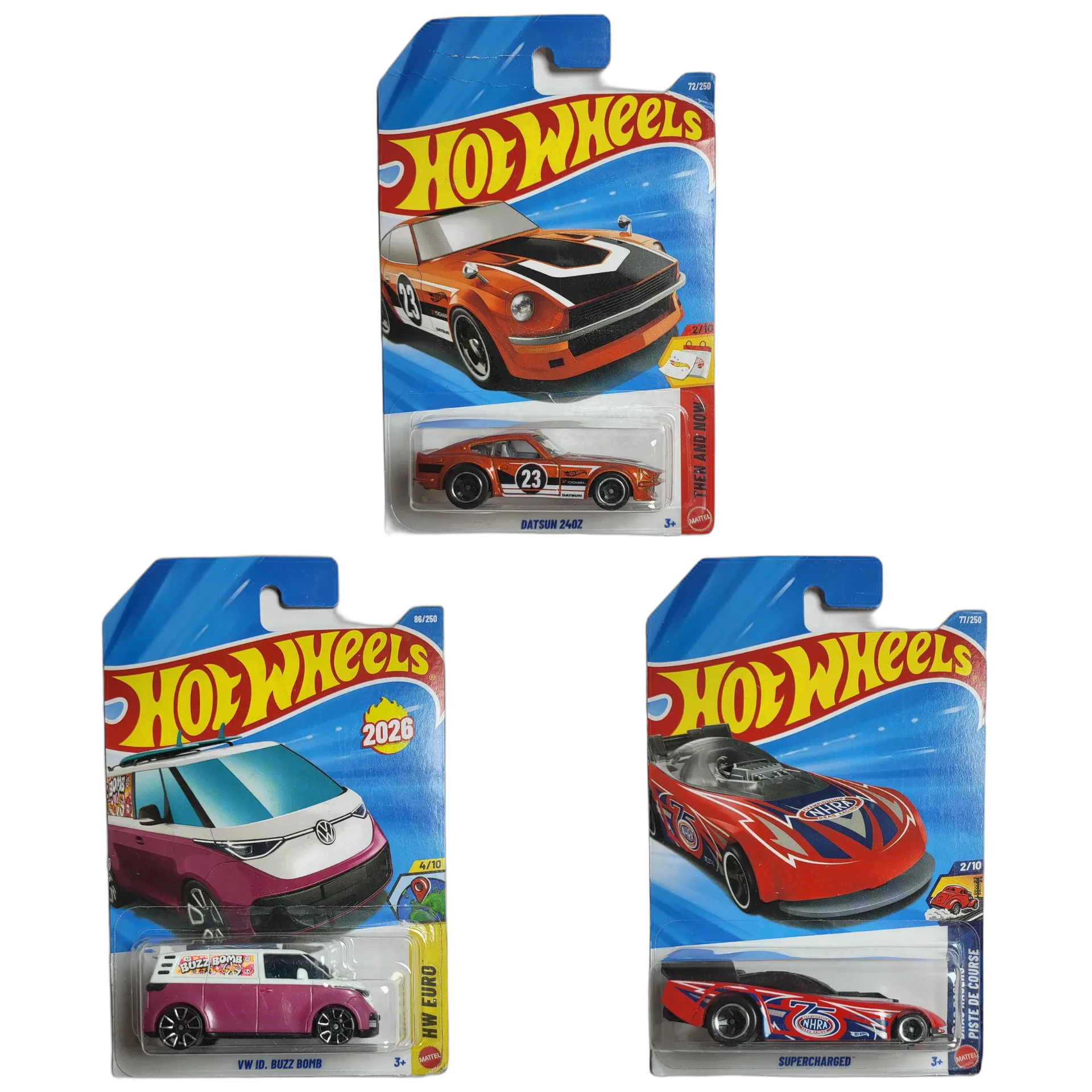 Datsun 240Z & VW ID Buzz Bomb & Supercharged - Hot Wheels 1:64 Scale Diecast Car Combo